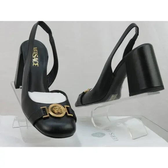 NIB VERSACE BLACK LEATHER GOLD MEDUSA LOGO SANDALS LOW HEEL PUMPS 40 10